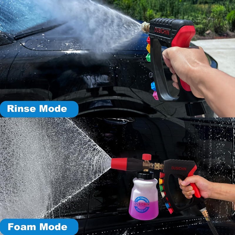 DUSICHIN Short Pressure Washer Gun Swivel Joint 4000 PSI Foam Cannon Lance,7 Pressure Washer Nozzle Tips Car Wash Foam Gun 7 Tip Slots 3/8'' Swivel Quick Connector,M22-14mm M22-15mm Fitting DUS2912 - Image 3